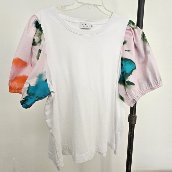 Tanya Taylor 3X White Tee Elevated T Shirt Watercolor Puff Sleeve Organic Cotton - Picture 2 of 12